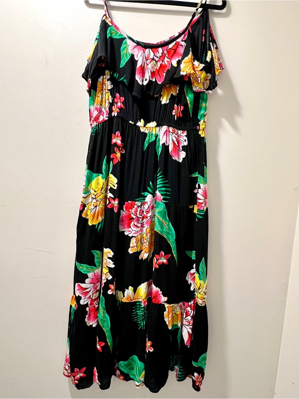 Old‎ Navy Black Tropical Floral Ruffle Tiered Midi Dress Womens Medium
